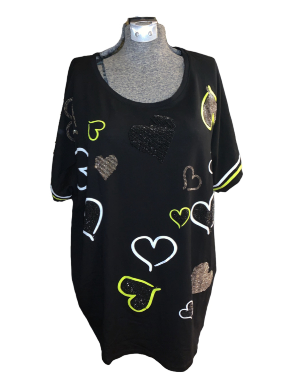 Women's Tricotto Heart Print Short Sleeve Tee, Black/Neon Yellow, Size XXL